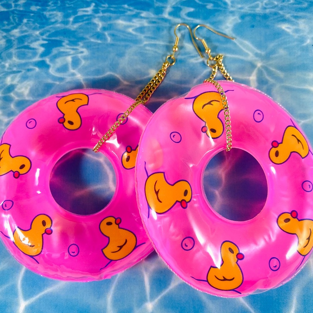 Adorable Duckie Hot Pink Pool Float inflated Earrings